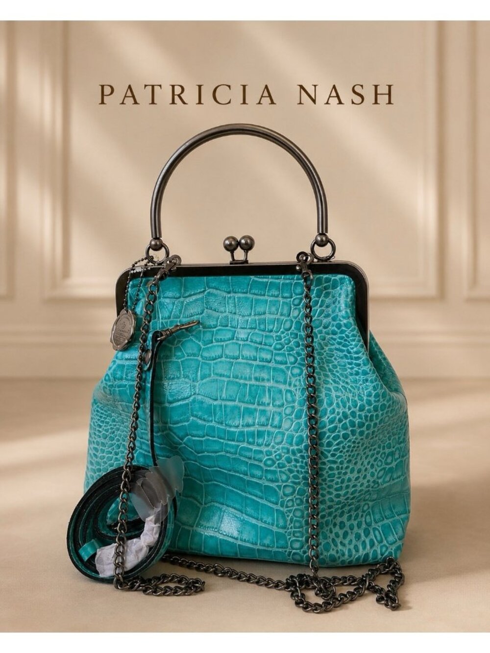 Patricia Nash Laureana Frame Satchel Blue Grass Aqua Croc Embossed Leather Kiss